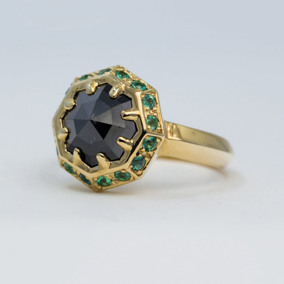 Velora Black Octagonal Diamond and Emerald Halo Engagement Ring - Size 5.5