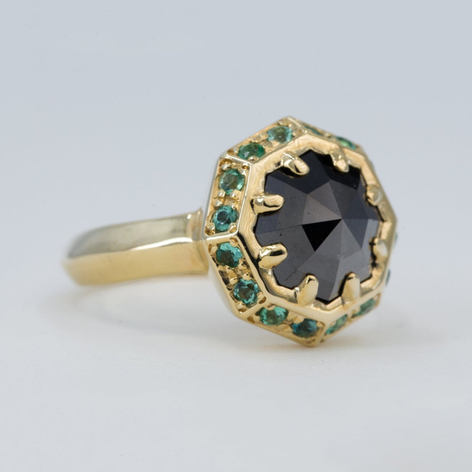 Velora Black Octagonal Diamond and Emerald Halo Engagement Ring