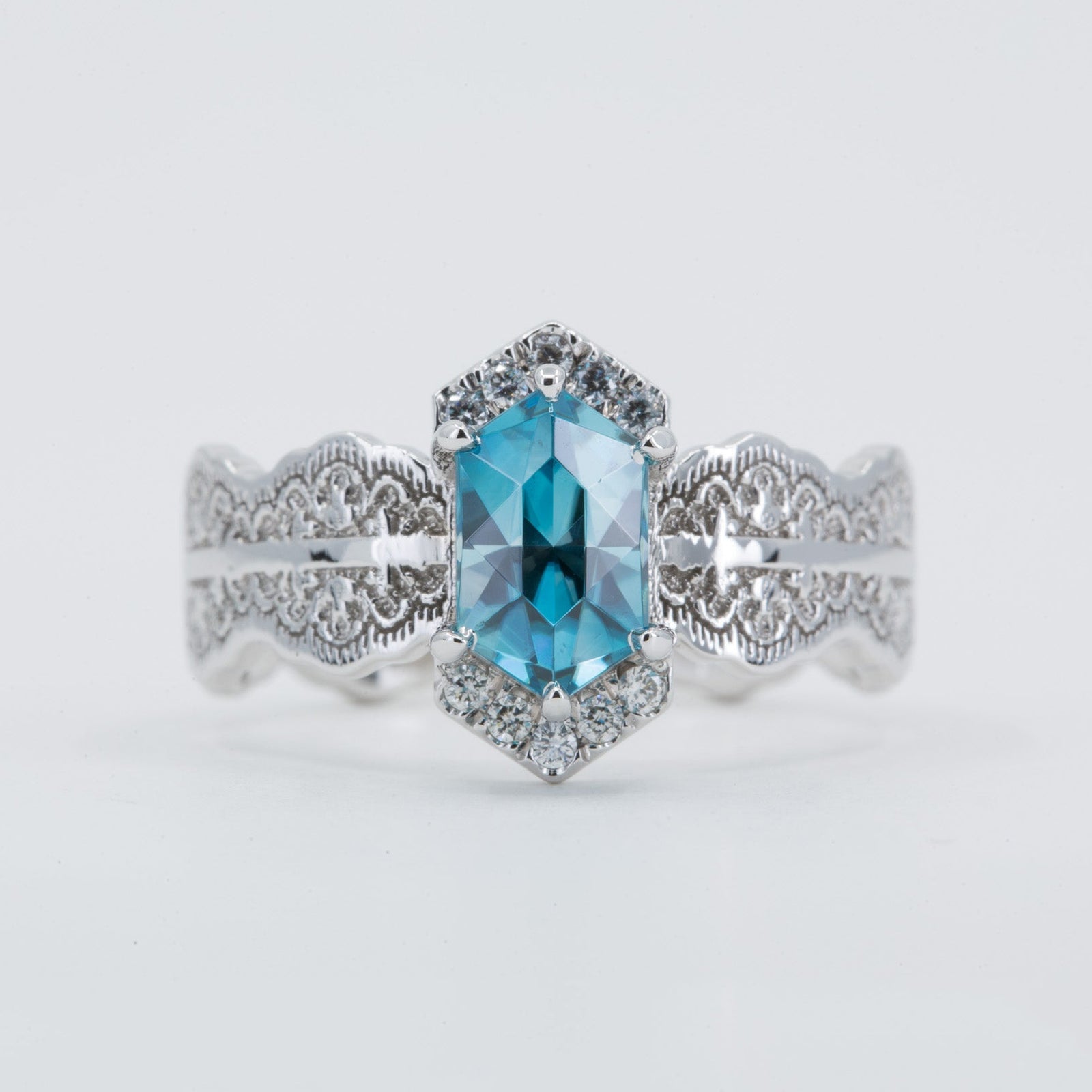 Esme Hexagon Lace Engagement Ring with Blue Zircon in 14K Yellow Gold with diamond