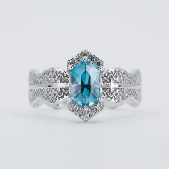 Esme Hexagon Lace Engagement Ring with Blue Zircon