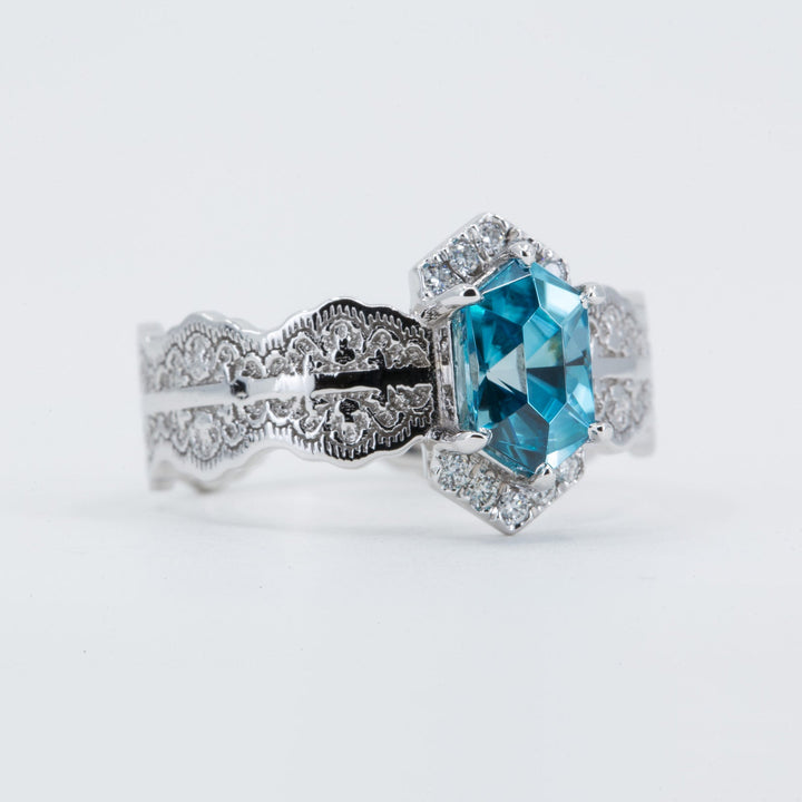 Esme Hexagon Lace Engagement Ring with Blue Zircon