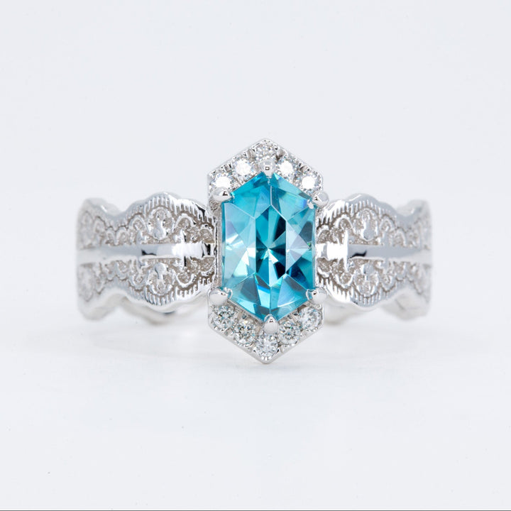 Esme Hexagon Lace Engagement Ring with Blue Zircon