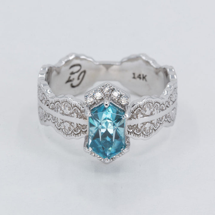 Esme Hexagon Lace Engagement Ring with Blue Zircon