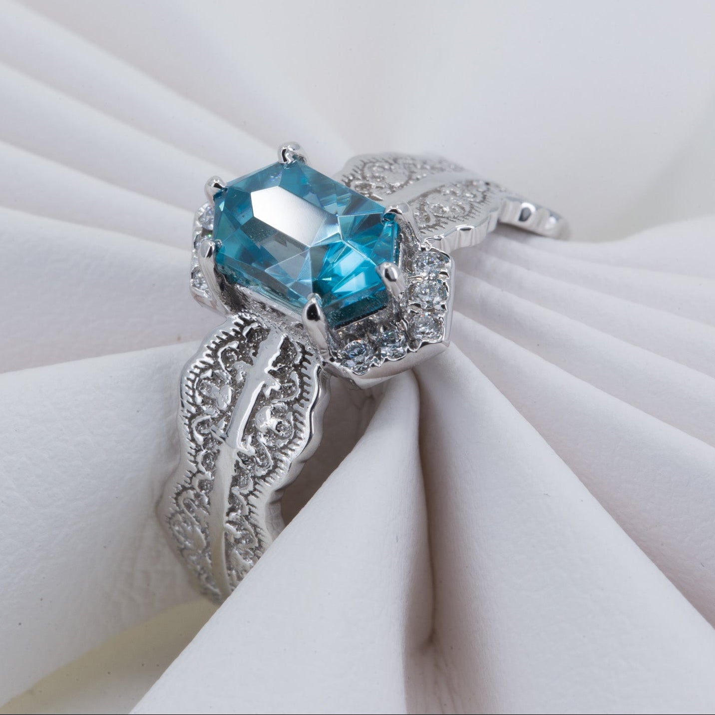 Esme Hexagon Lace Engagement Ring with Blue Zircon in 14K Yellow Gold with diamond – view 2