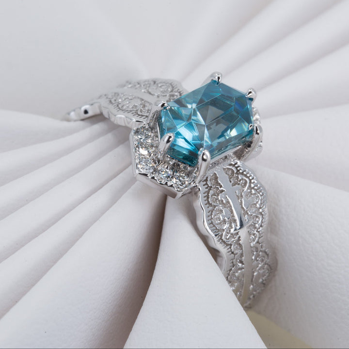 Esme Hexagon Lace Engagement Ring with Blue Zircon