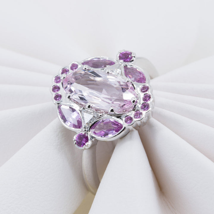 1.36ct Unique Morganite Engagement Ring with Pink Sapphires and Diamonds - Size 6.5