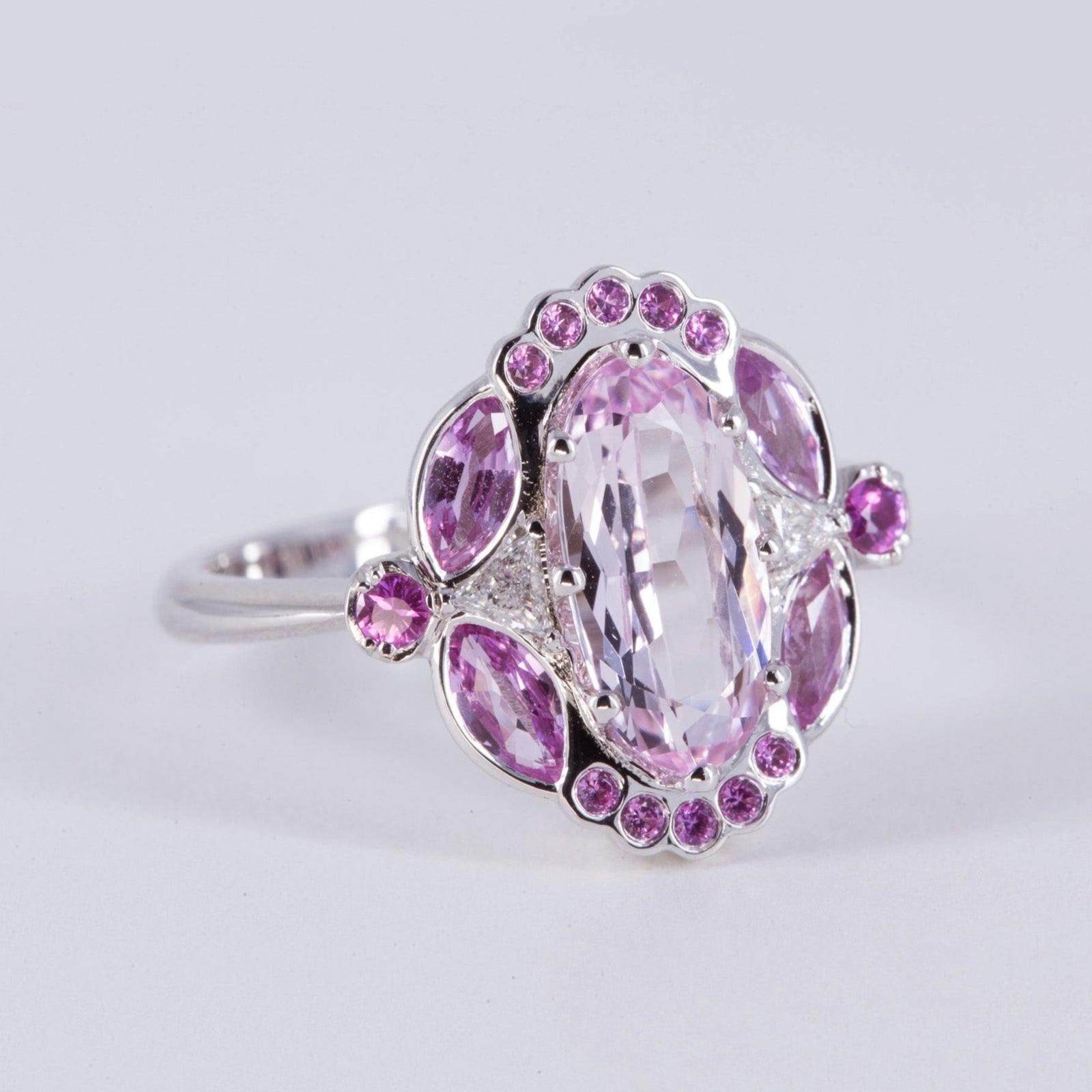 1.36ct Unique Morganite Engagement Ring with Pink Sapphires and Diamonds in 14K white gold – view 2