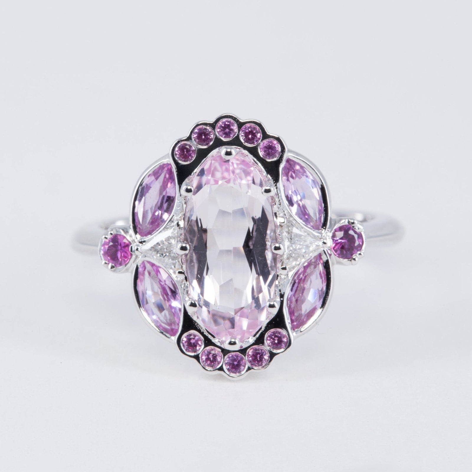 1.36ct Unique Morganite Engagement Ring with Pink Sapphires and Diamonds in 14K white gold