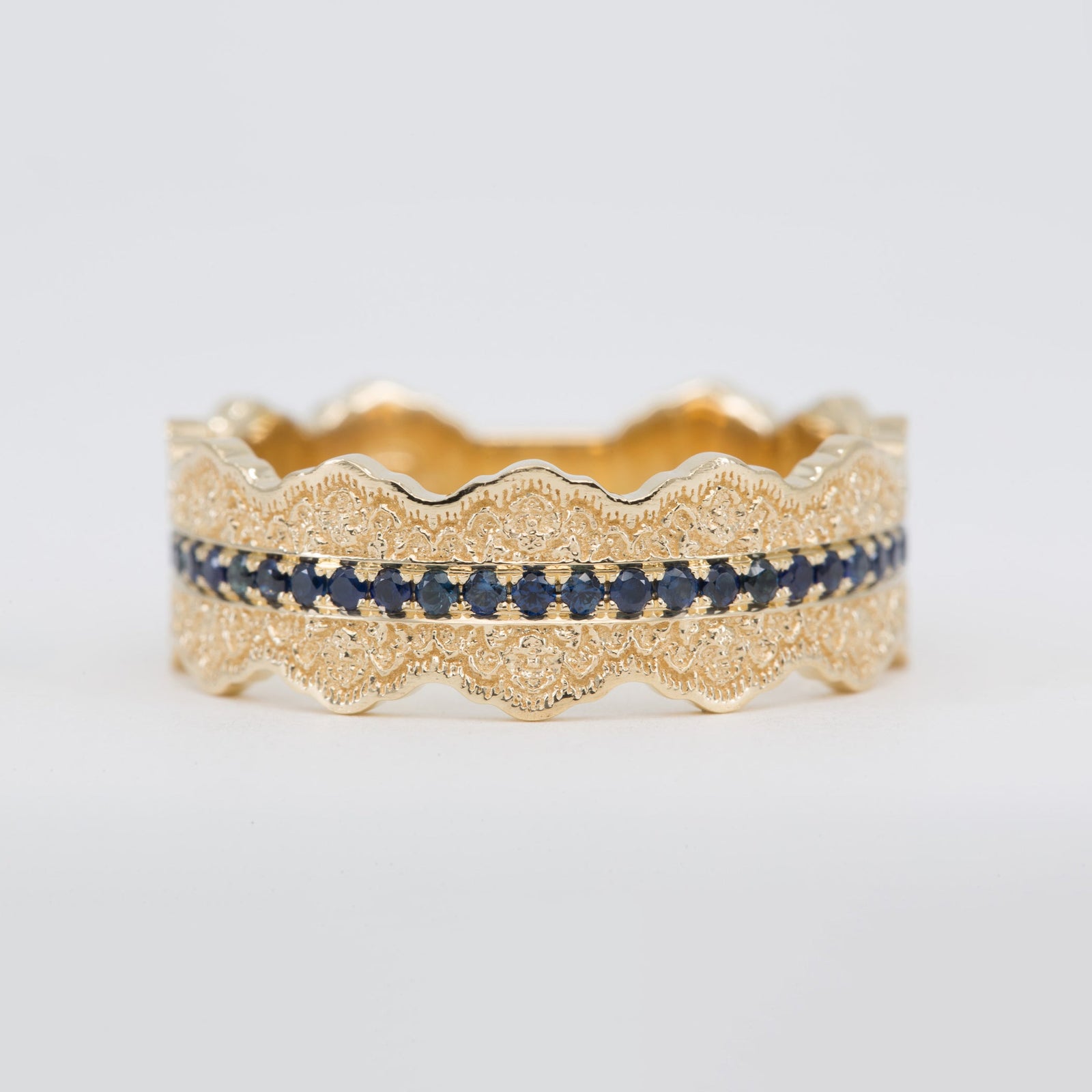 Esme Lace Wedding Ring with Eternity Blue Sapphires in 14K Yellow Gold