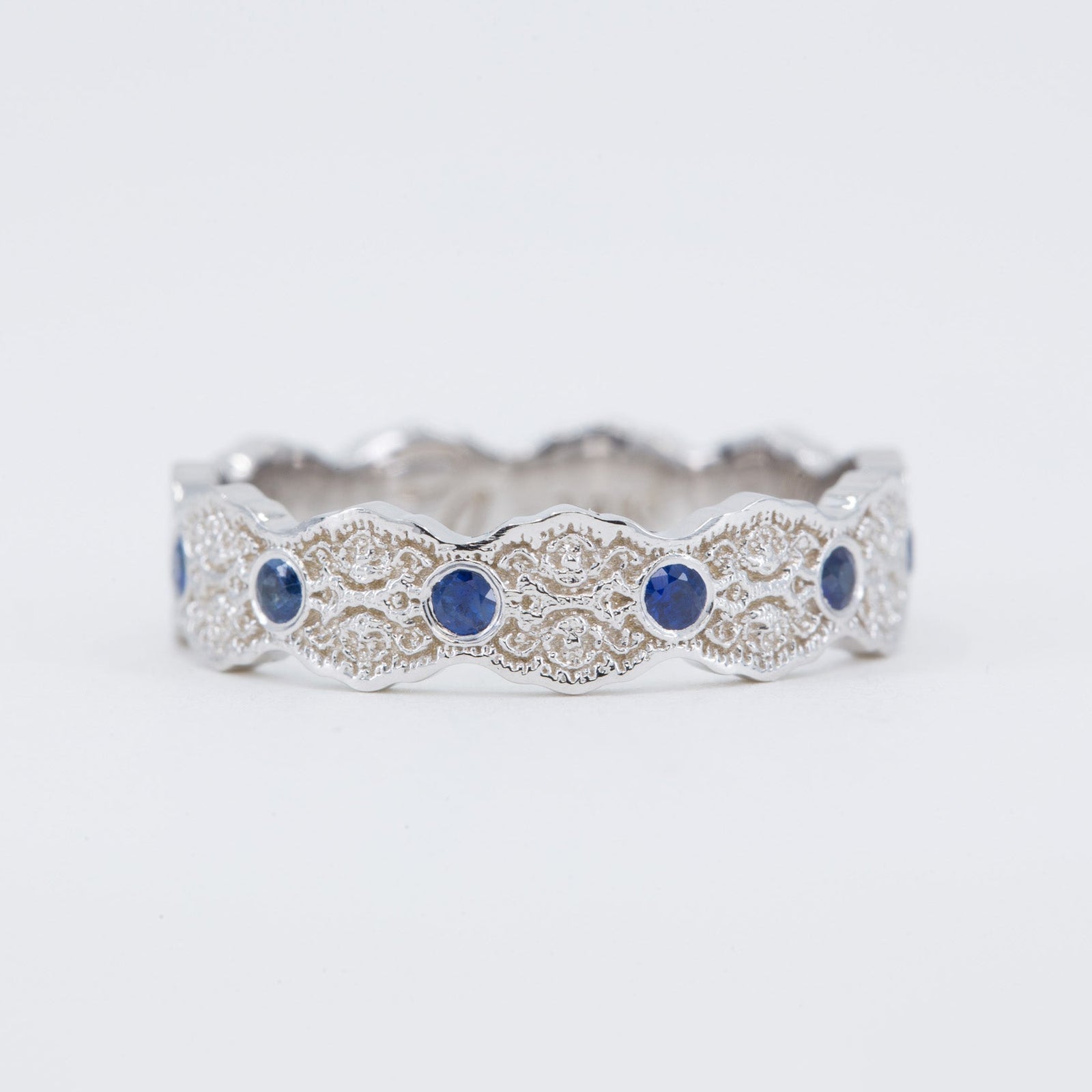 Aria Lace Wedding Ring with Eternity Blue Sapphires in 14K Yellow Gold