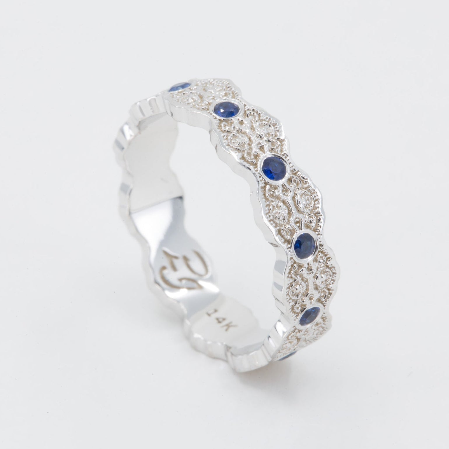 Aria Lace Wedding Ring with Eternity Blue Sapphires in 14K Yellow Gold – view 2