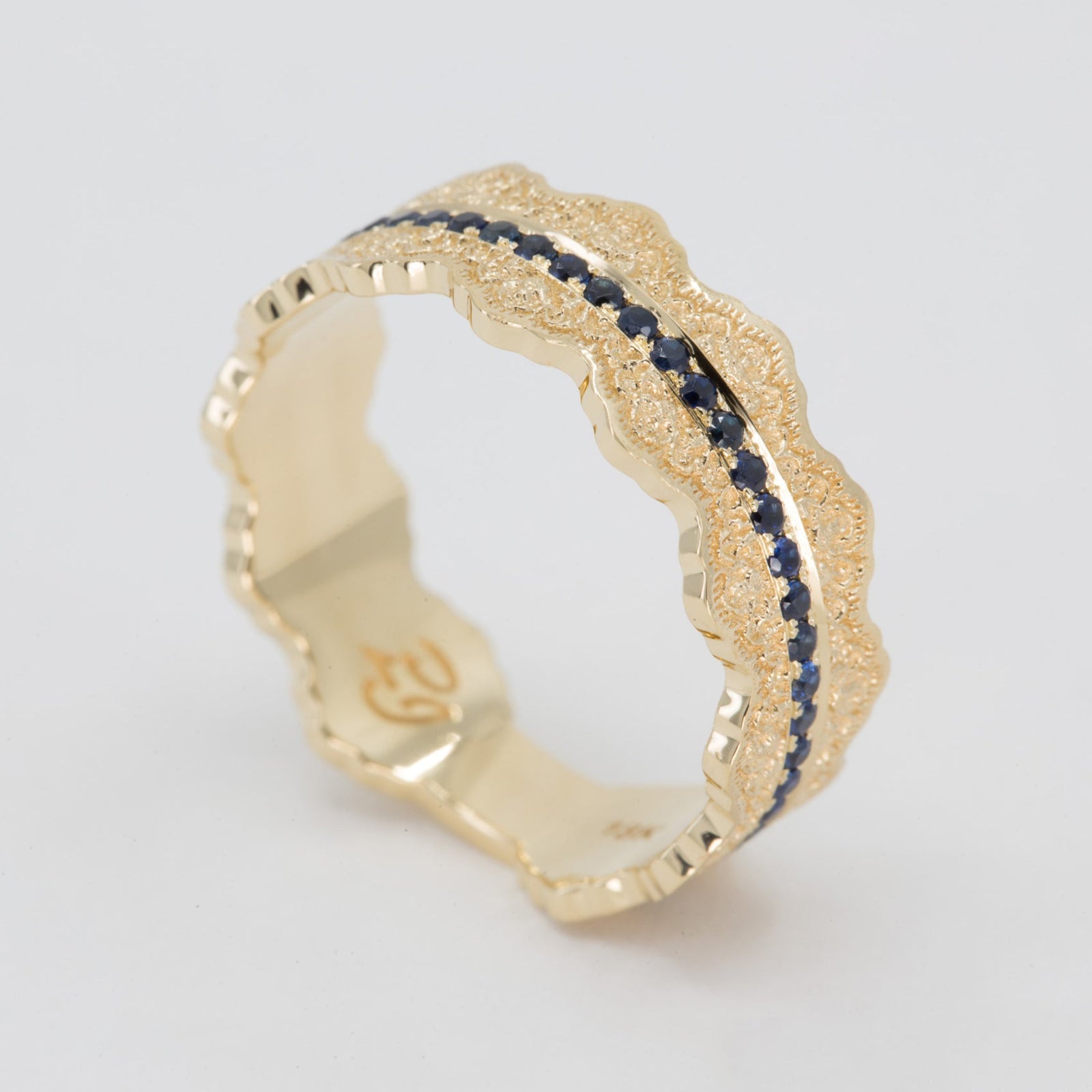 Esme Lace Wedding Ring with Eternity Blue Sapphires in 14K Yellow Gold – view 2