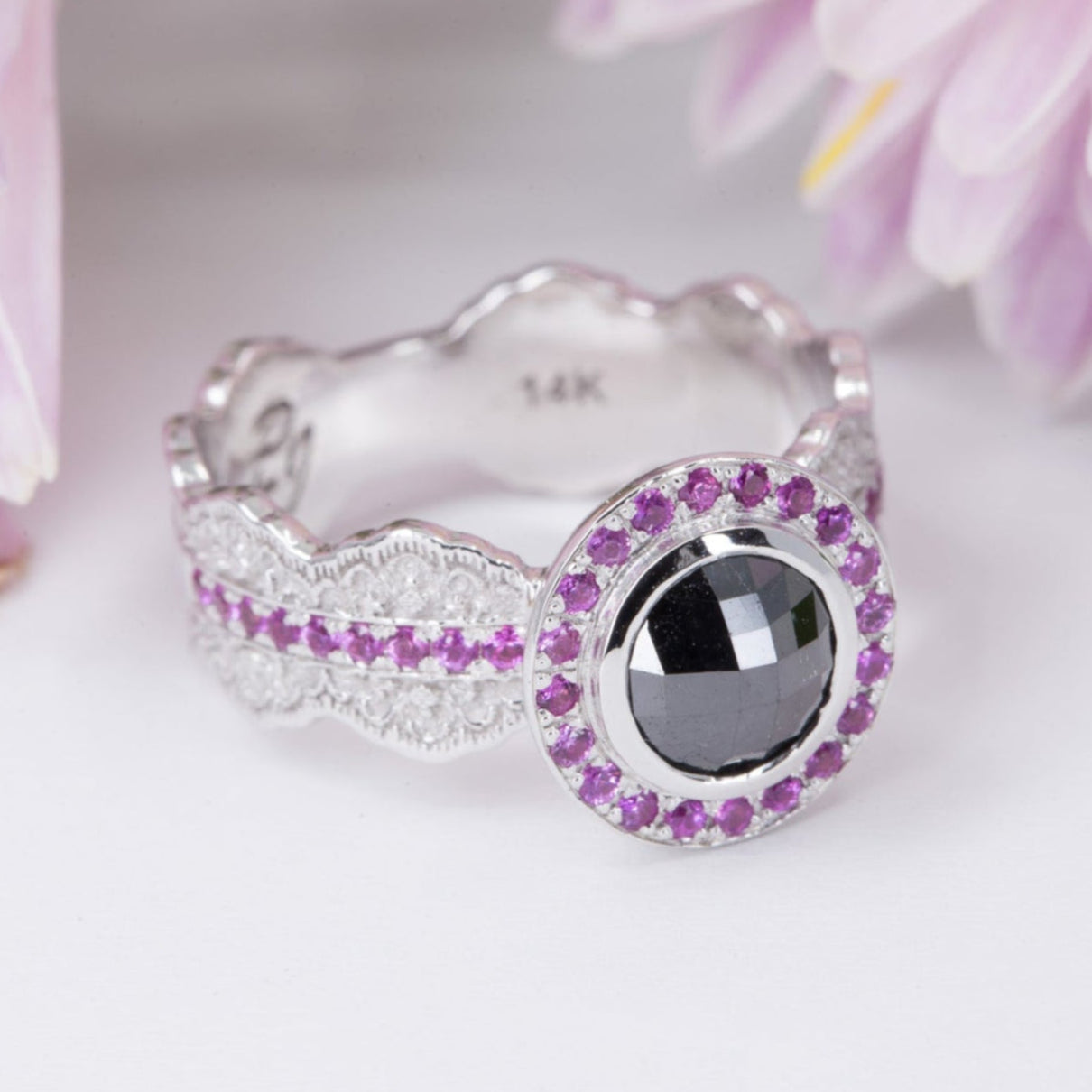 Esme Lace Ring with a Rose Cut Black Diamond and Pink Sapphires in 14K white gold
