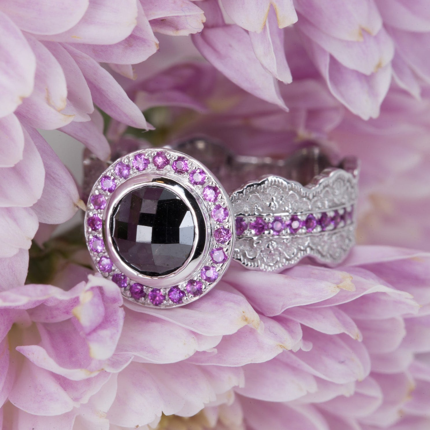 Esme Lace Ring with a Rose Cut Black Diamond and Pink Sapphires in 14K white gold – view 2