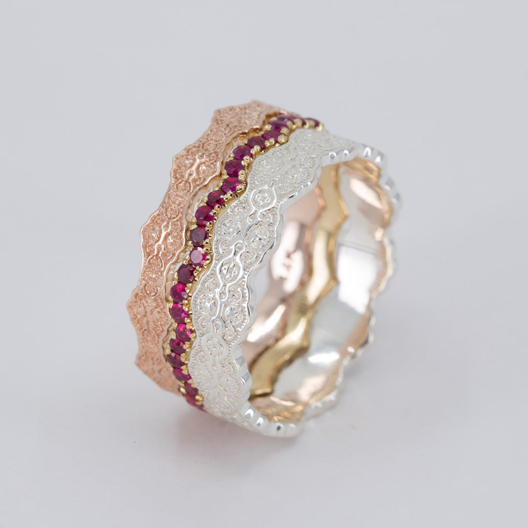 Aria and Celine Lace Stacking Wedding Ring Set with Rubies