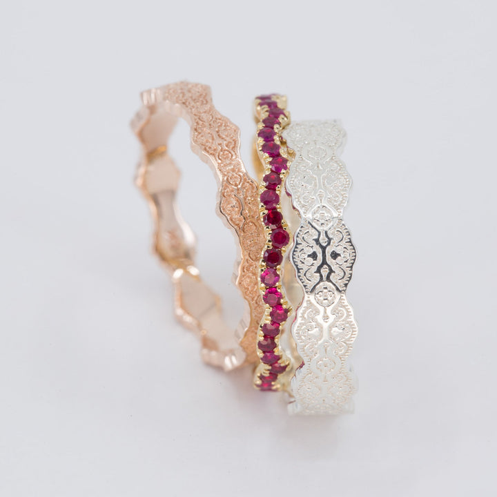 Aria and Celine Lace Stacking Wedding Ring Set with Rubies