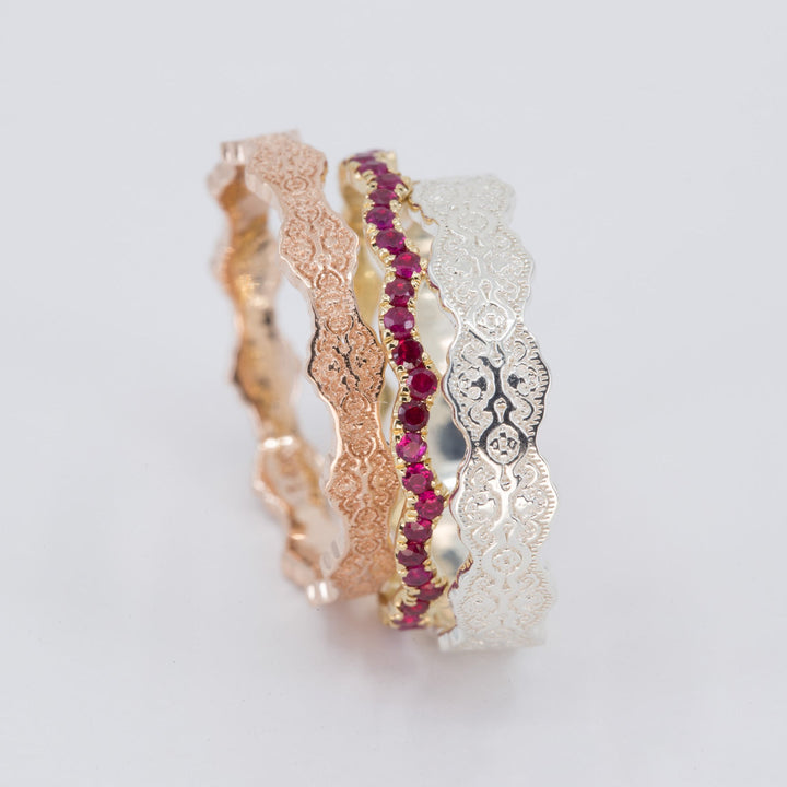 Aria and Celine Lace Stacking Wedding Ring Set with Rubies