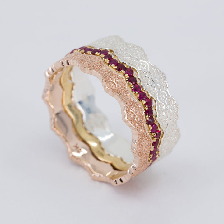 Aria and Celine Lace Stacking Wedding Ring Set with Rubies