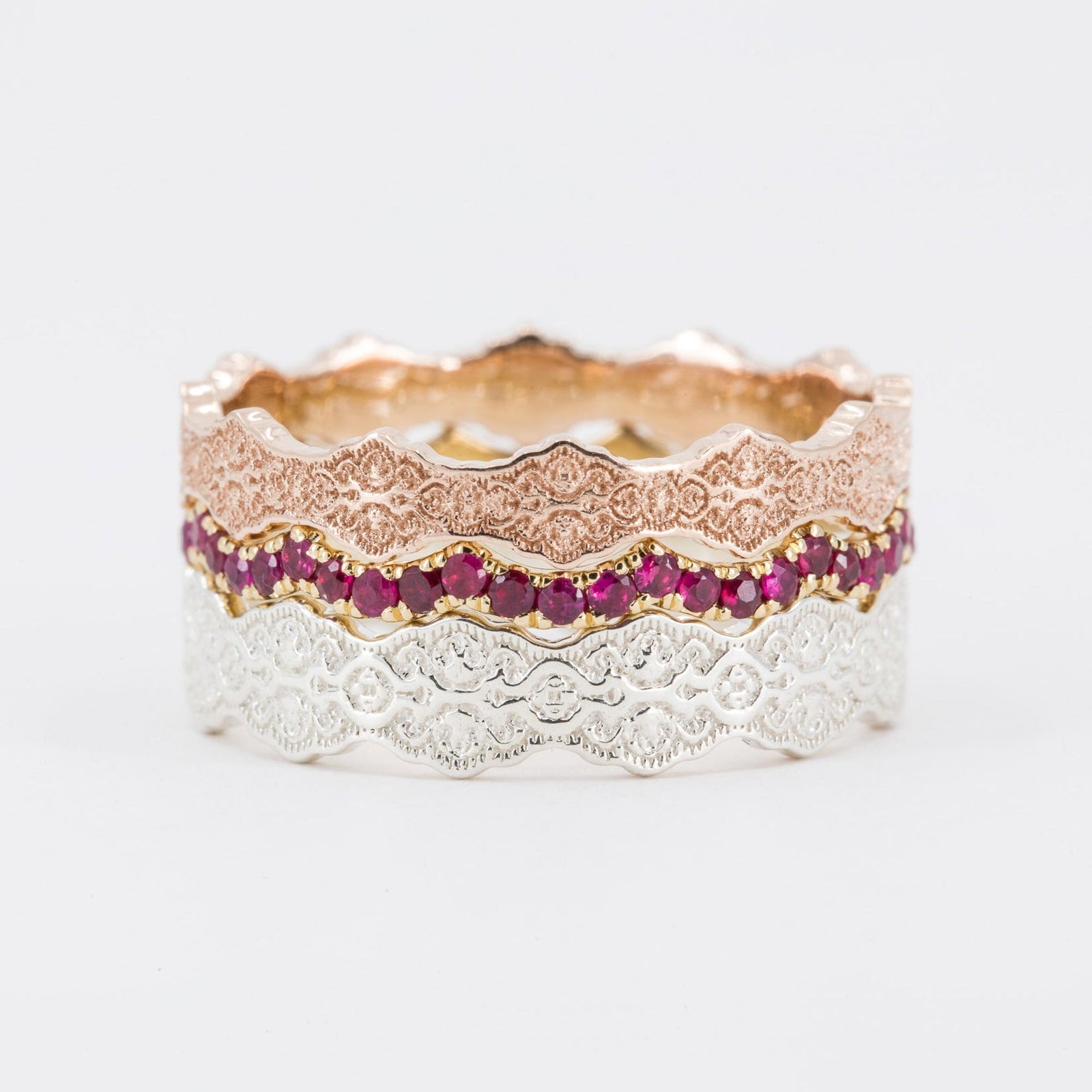 Aria and Celine Lace Stacking Wedding Ring Set with Rubies with ruby