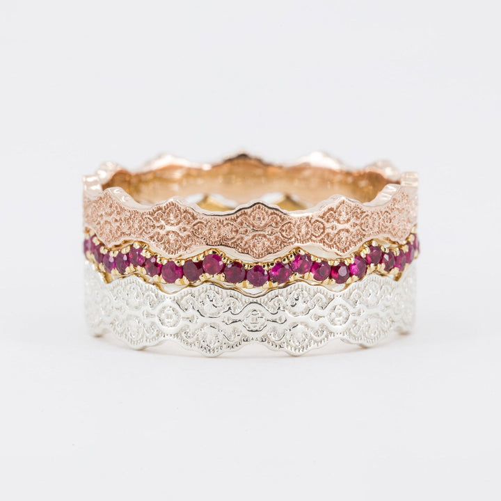 Aria and Celine Lace Stacking Wedding Ring Set with Rubies