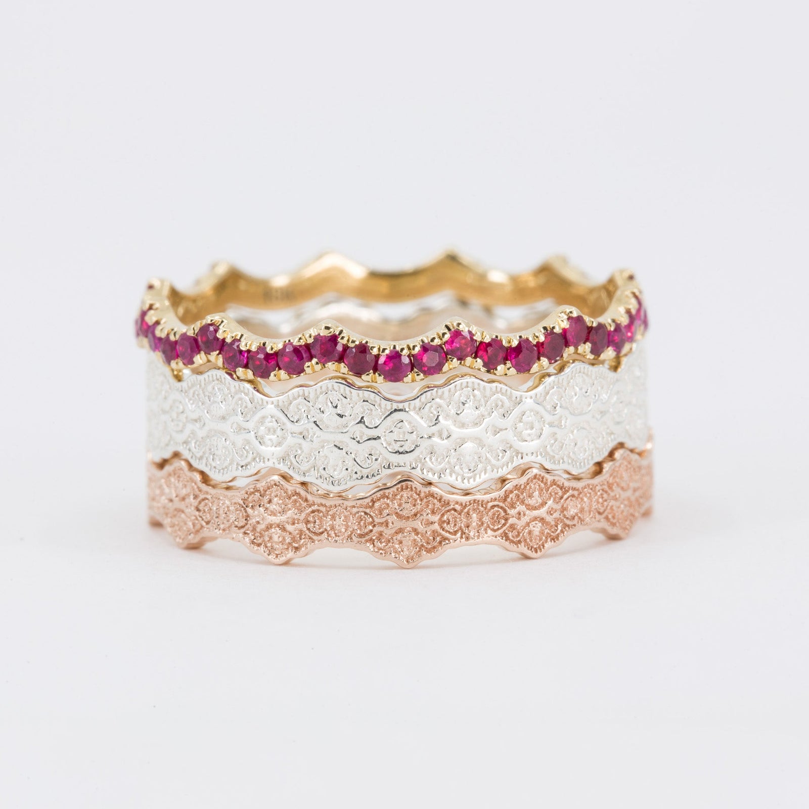 Aria and Celine Lace Stacking Wedding Ring Set with Rubies with ruby – view 2
