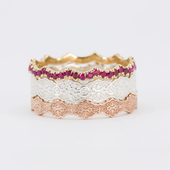 Aria and Celine Lace Stacking Wedding Ring Set with Rubies