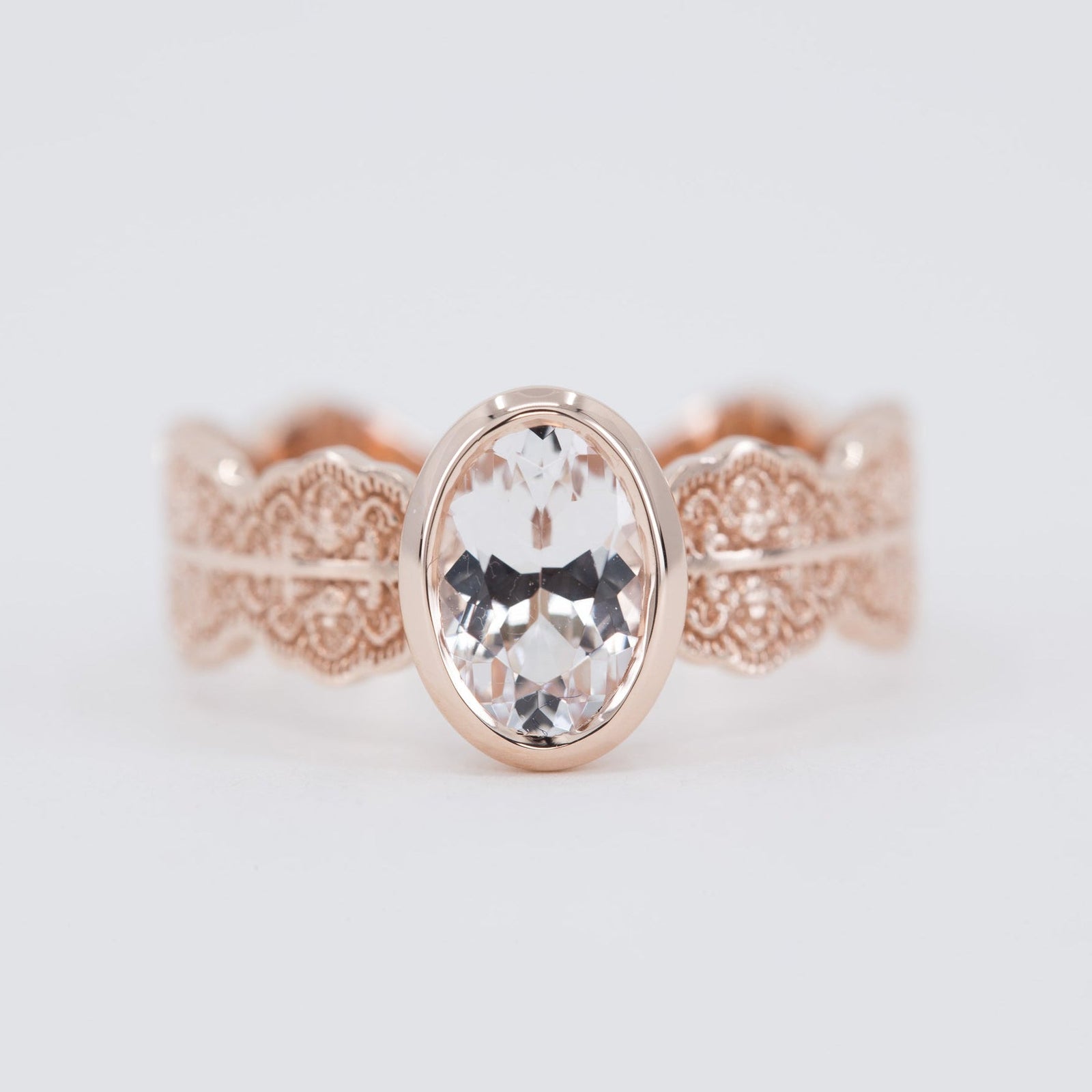 Esme Oval Solitaire Lace Engagement Ring in 14K Yellow Gold with morganite