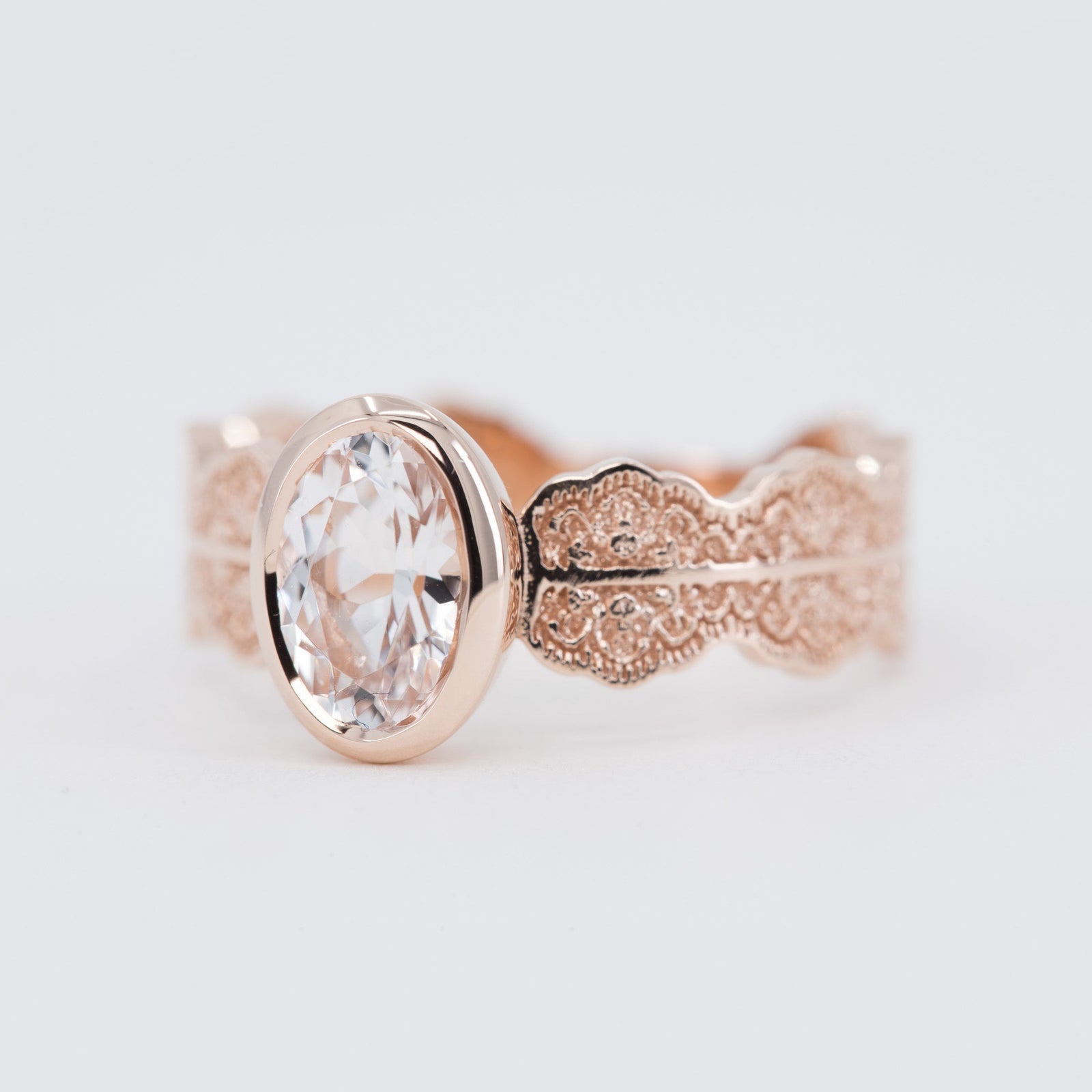 Esme Oval Solitaire Lace Engagement Ring in 14K Yellow Gold with morganite – view 2