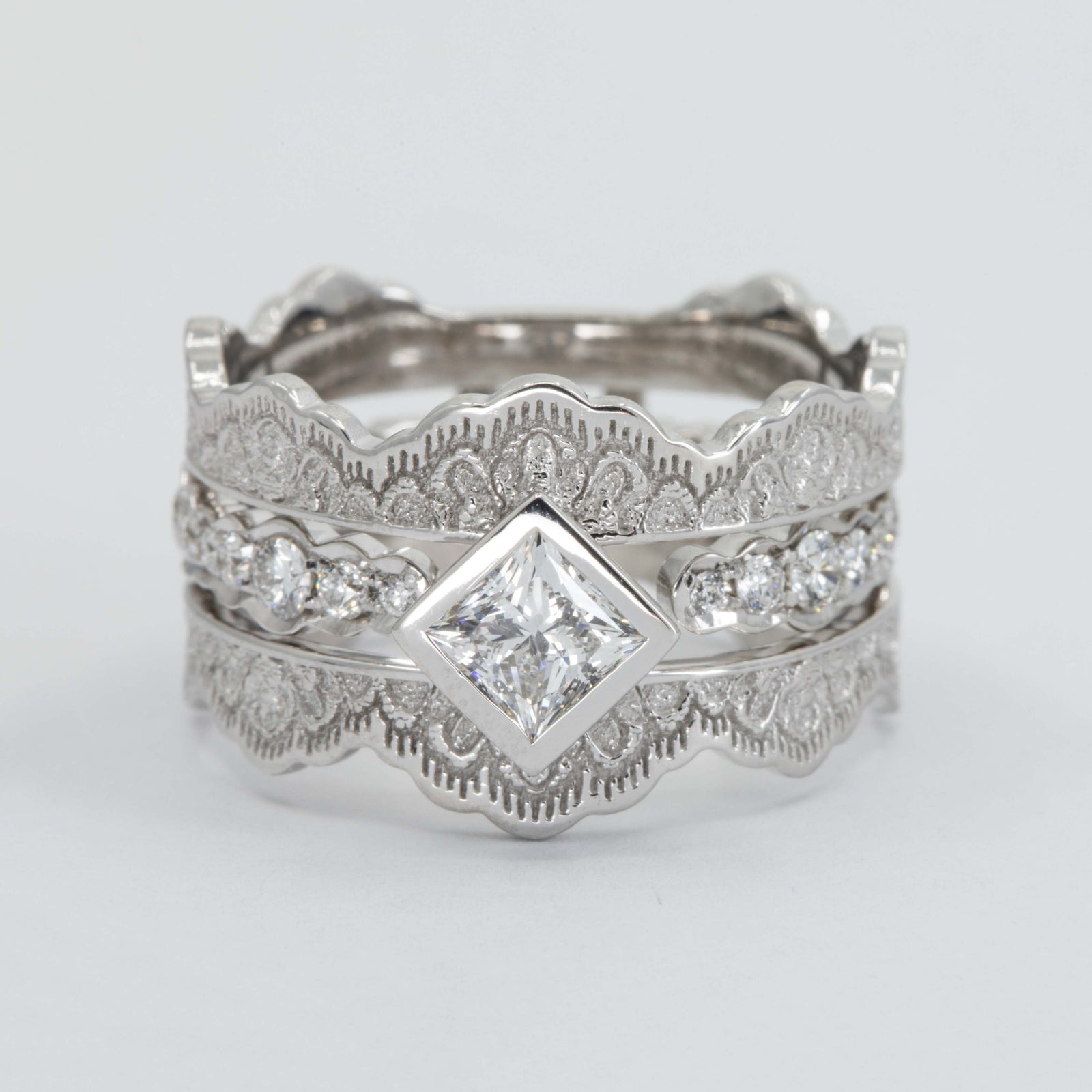 Seraphine Lace Engagement Ring Set with a Princess Diamond in 14K Yellow Gold