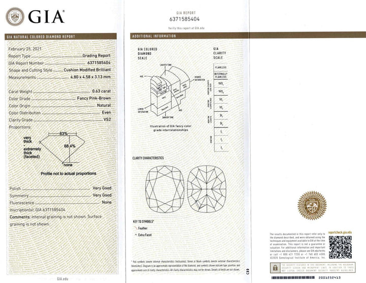 0.63ct Fancy Pink-Brown Cushion Cut Diamond with GIA Certificate VS2