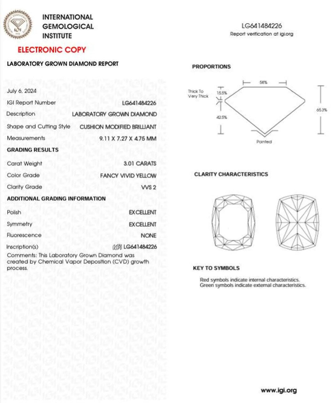 3.01ct Cushion Lab Grown Fancy Vivid Yellow Diamond