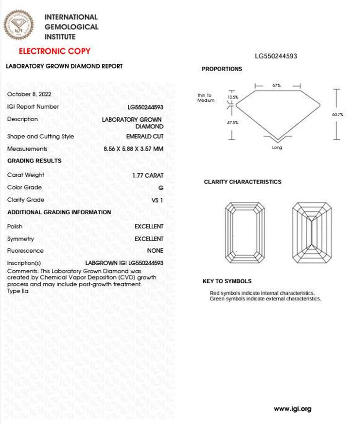 1.77ct Emerald Cut Lab Grown Diamond with IGI Certificate G VS1