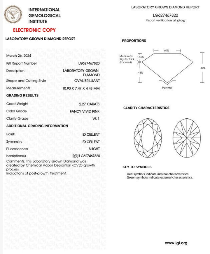 2.27ct Oval Lab Grown Pink Diamond with IGI Certificate Fancy Vivid Pink VS1