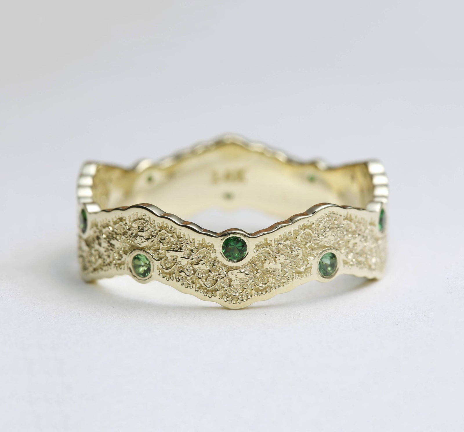 14K Yellow Gold Lace Wedding Band with Green Tourmaline