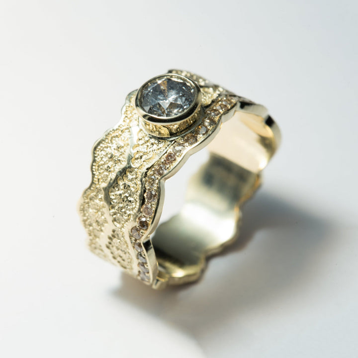 1/2 ct Salt and Pepper Diamond Engagement Ring in 14K Yellow Gold - Size 6.75