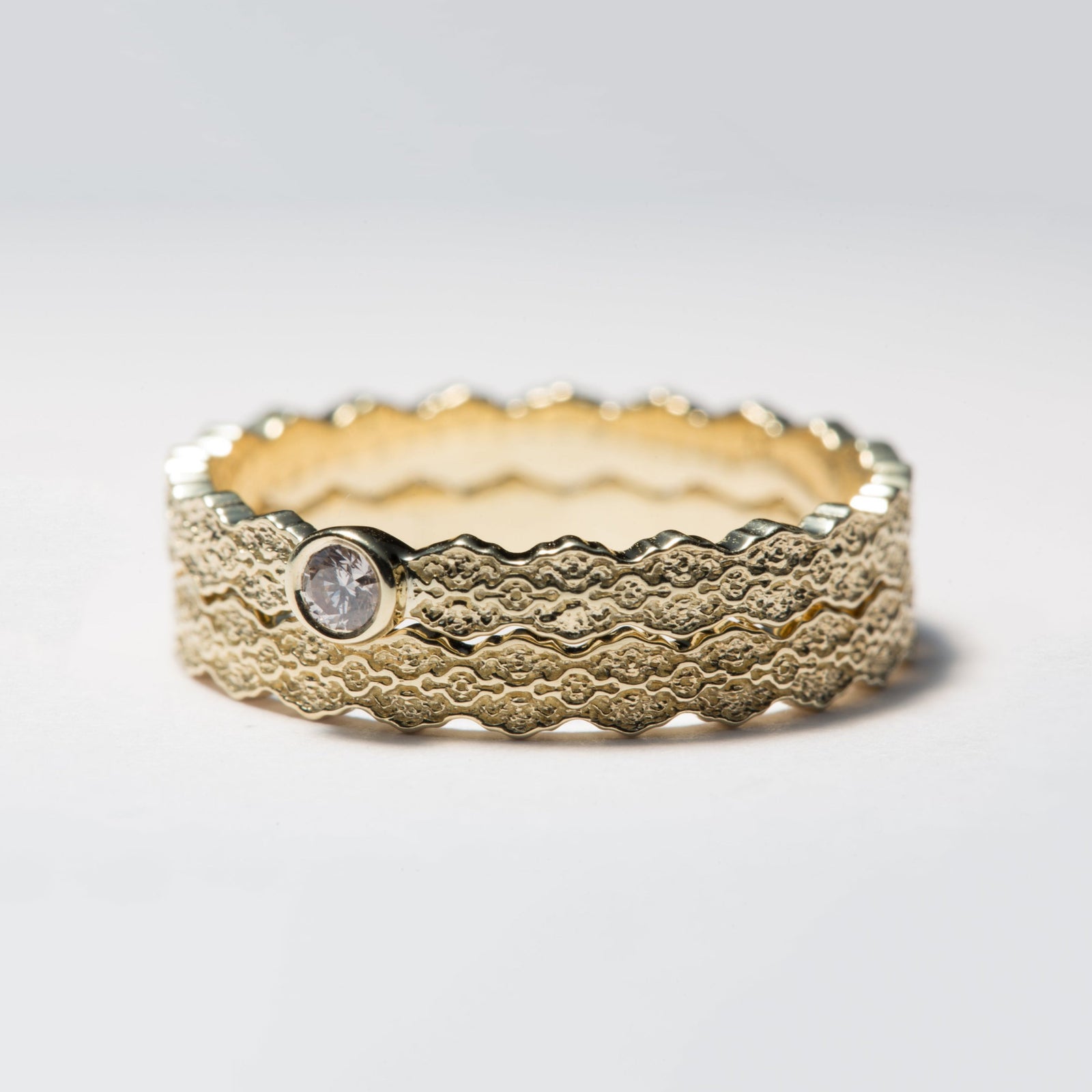 14K Yellow Gold Lace Diamond Engagement and Wedding Ring Set