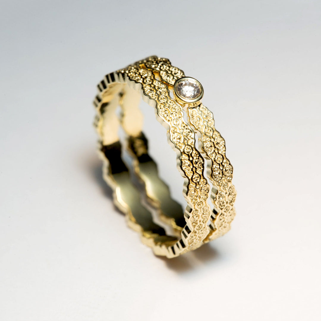 14K Yellow Gold Lace Diamond Engagement and Wedding Ring Set - Size 7