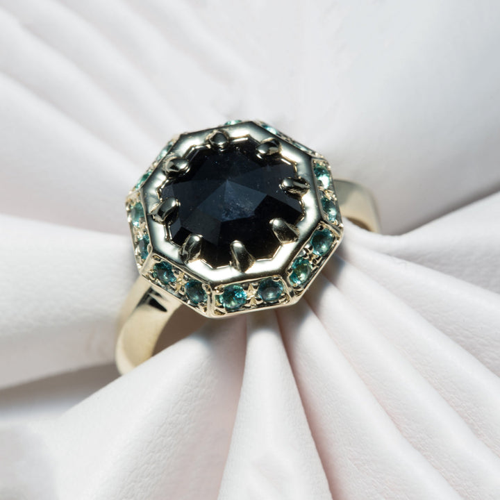 Velora Black Octagonal Diamond and Emerald Halo Engagement Ring - Size 5.5
