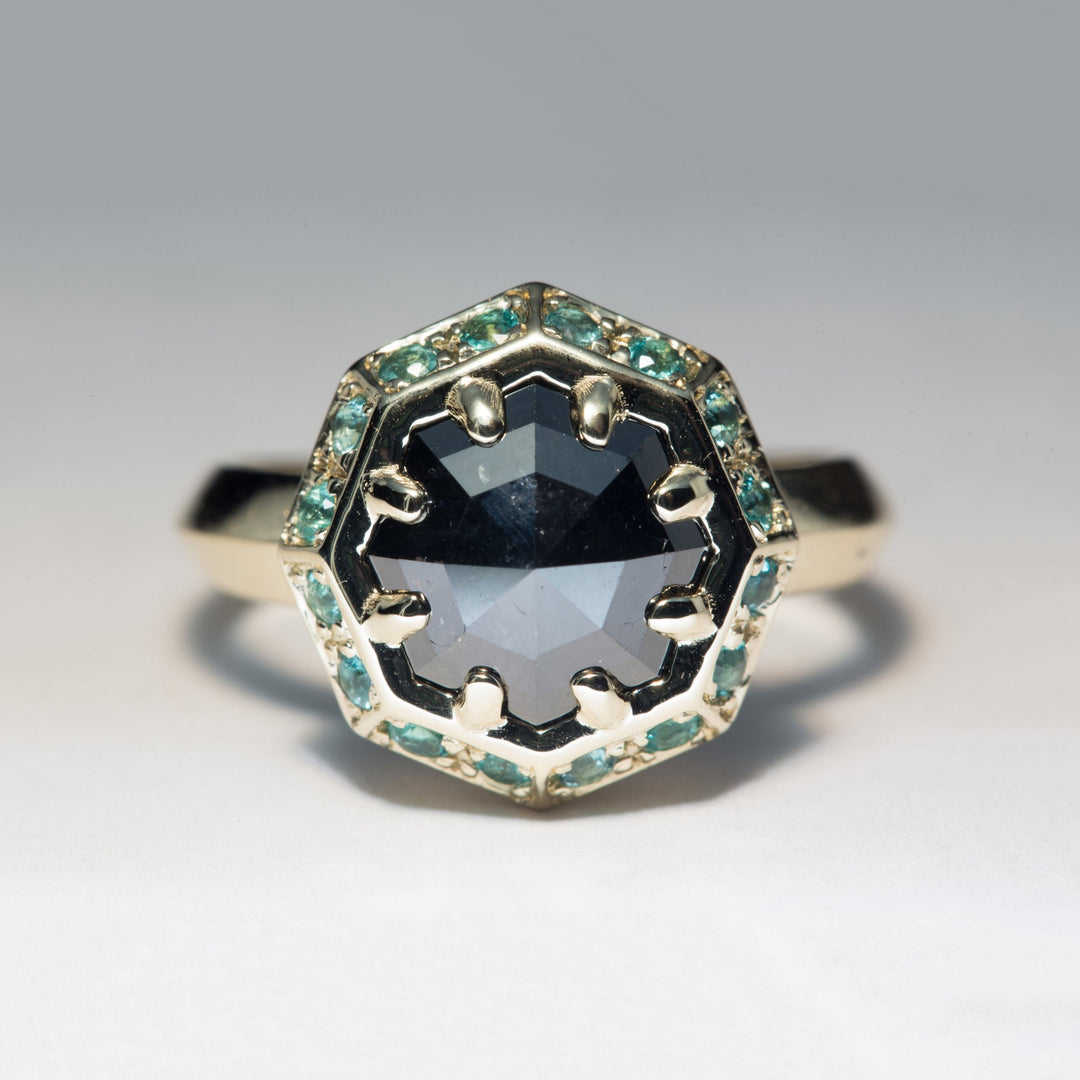 Velora Black Octagonal Diamond and Emerald Halo Engagement Ring - Size 5.5