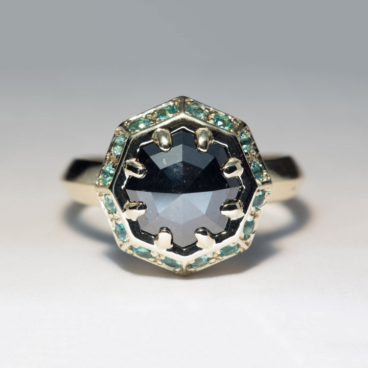 Velora Black Octagonal Diamond and Emerald Halo Engagement Ring - Size 5.5