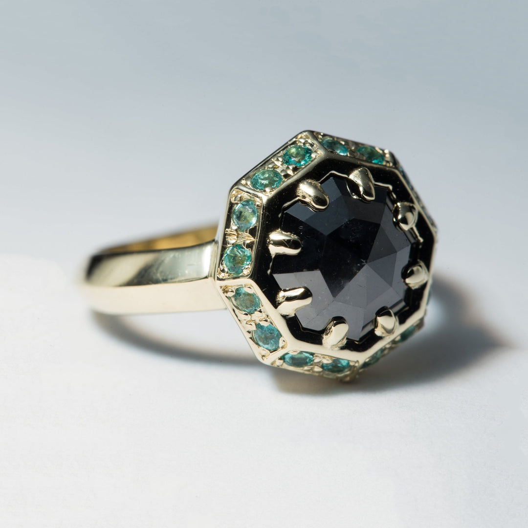 Velora Black Octagonal Diamond and Emerald Halo Engagement Ring - Size 5.5