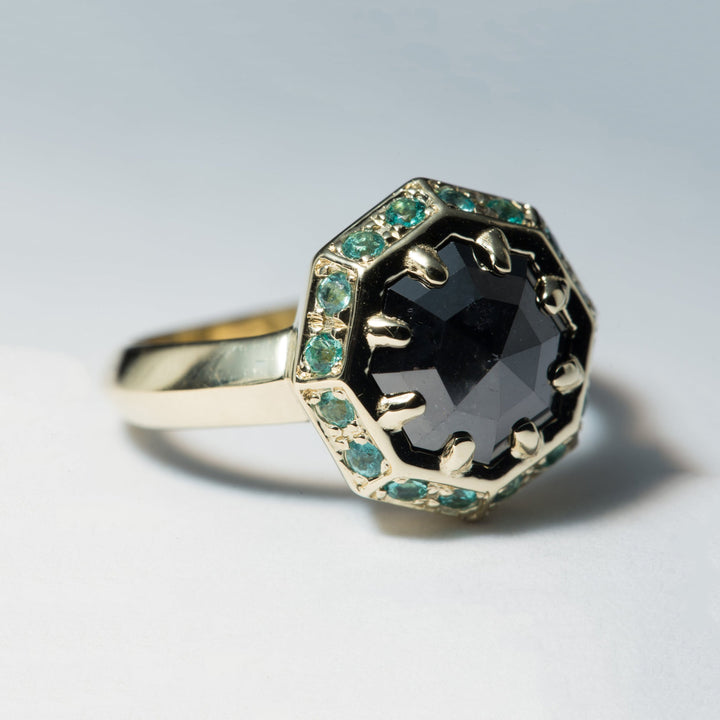Velora Black Octagonal Diamond and Emerald Halo Engagement Ring - Size 5.5