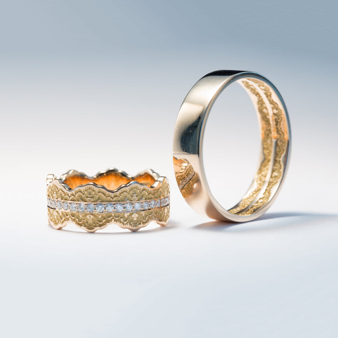 Couples Matching Esme Lace Wedding Ring Set with Diamonds