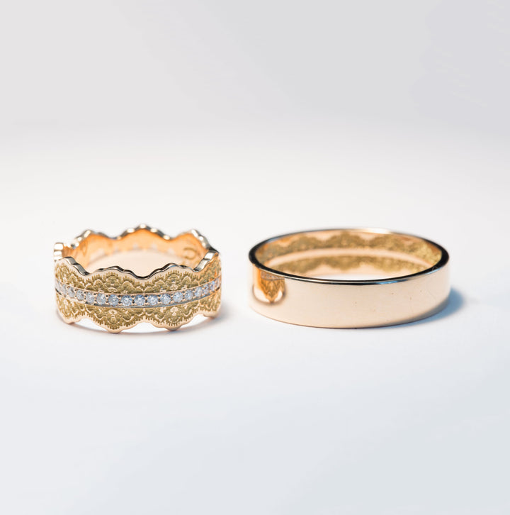 Couples Matching Esme Lace Wedding Ring Set with Diamonds