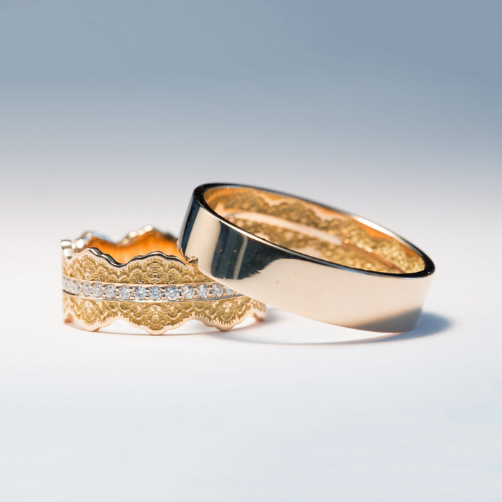 Couples Matching Esme Lace Wedding Ring Set with Diamonds
