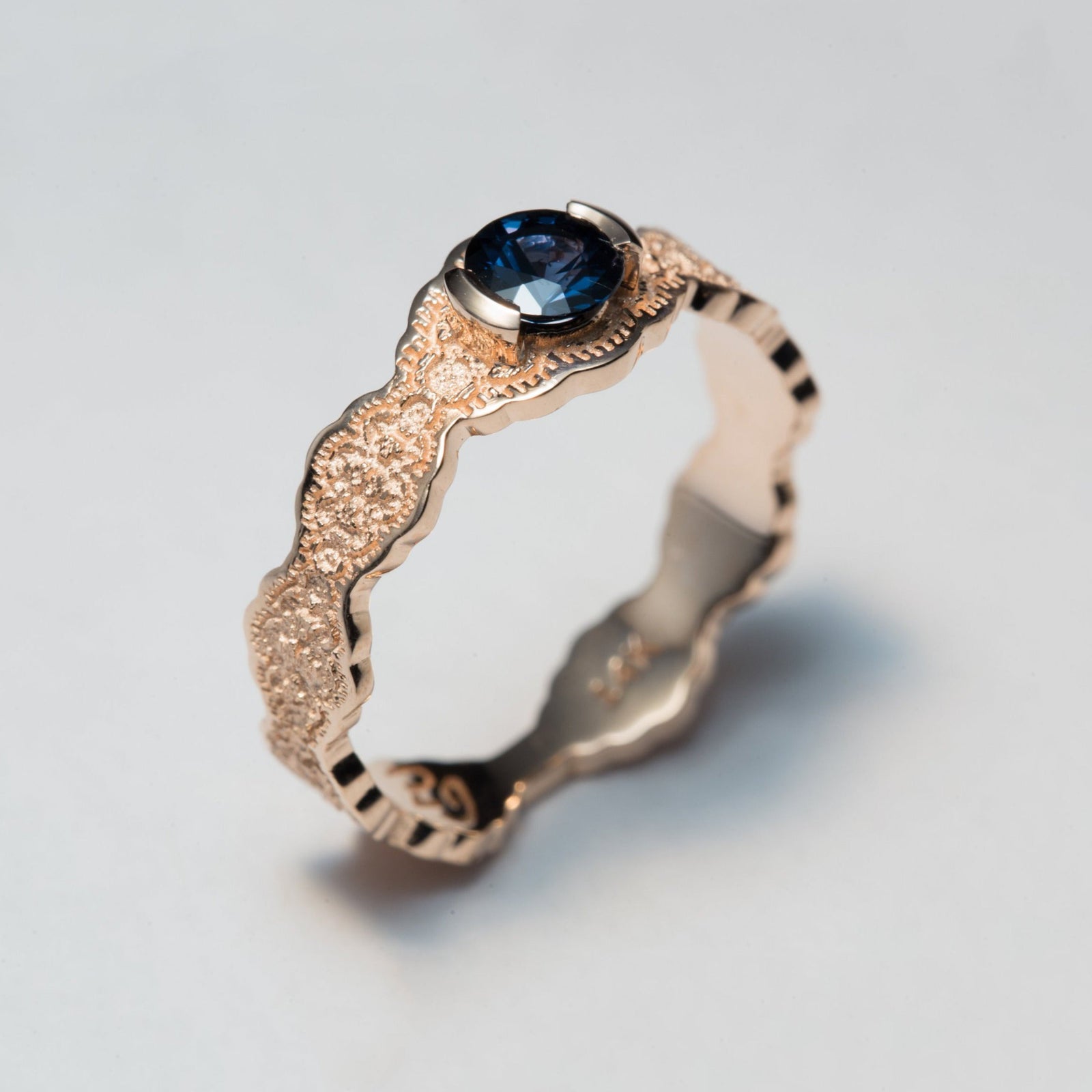 14K Rose Gold Lace Engagement Ring with a Dark Blue Spinel – view 2