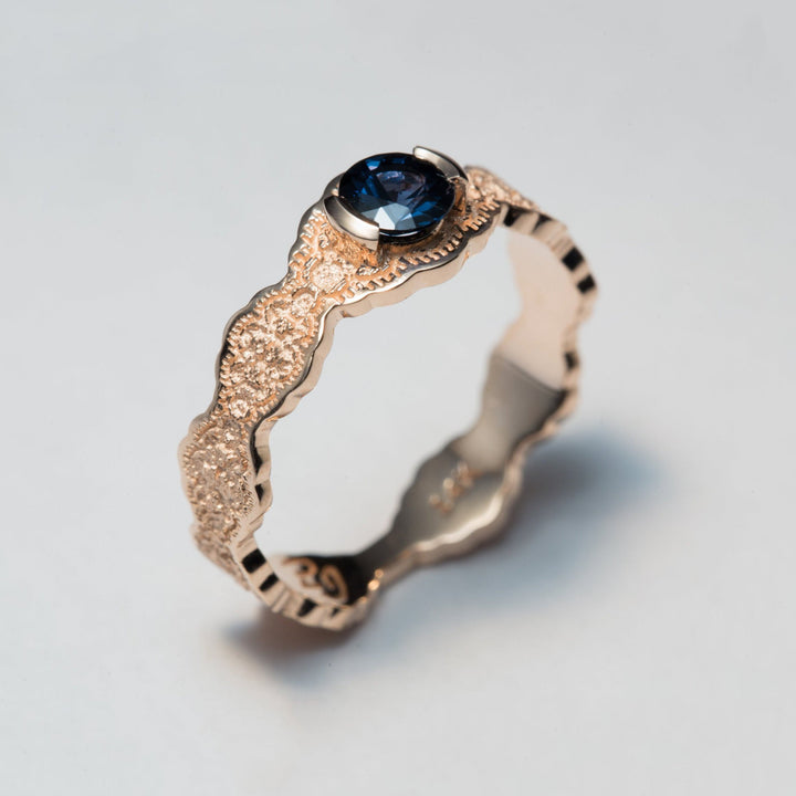 14K Rose Gold Lace Engagement Ring with a Dark Blue Spinel - Size 6.25