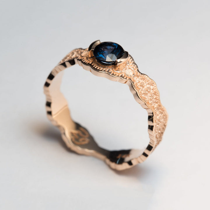 14K Rose Gold Lace Engagement Ring with a Dark Blue Spinel - Size 6.25