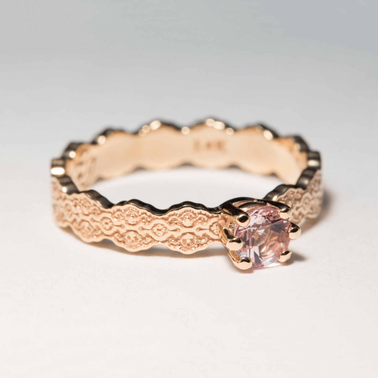 Aria Solitaire Lace Ring with a Pink Morganite with blue sapphire – view 2