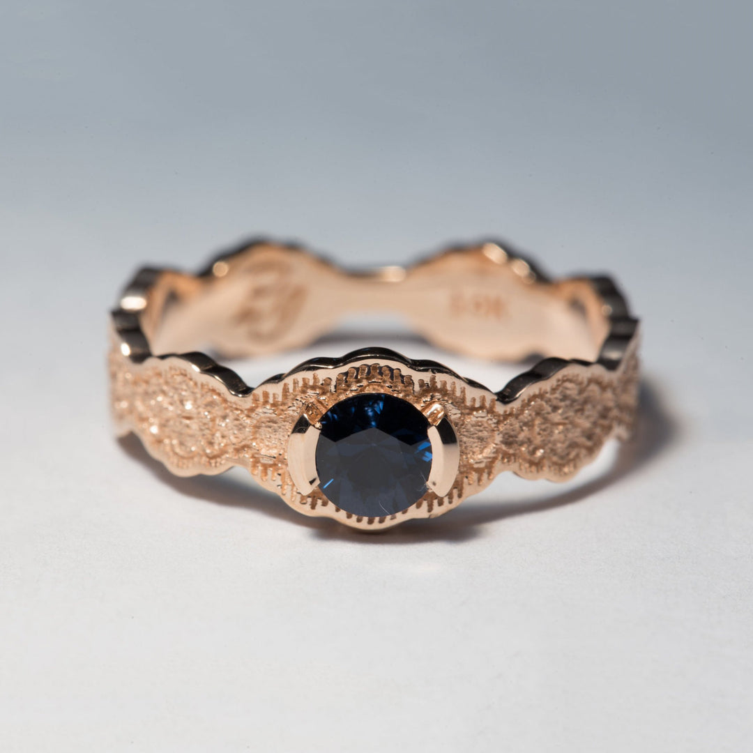 14K Rose Gold Lace Engagement Ring with a Dark Blue Spinel - Size 6.25